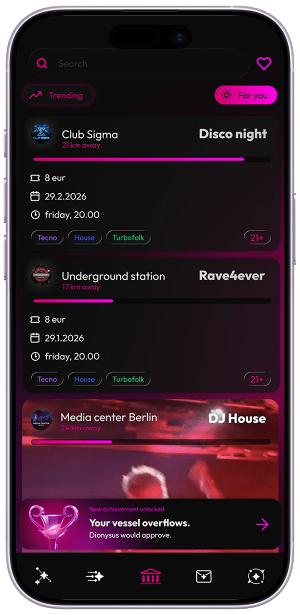 Event feed — trending parties tonight
